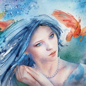 Sogno incantevole, ritratto di donna sirena, bellissima ragazza dagli occhi azzurri, fata del mare, dipinto ad acquerello nautico originale, fatto a mano