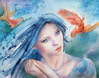 May include: A watercolor painting of a woman with long blue hair and blue eyes. She is wearing a pearl necklace and looking to the right. A red and orange goldfish swims in the background.