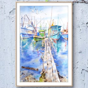 青い海の漁船のオリジナル絵画、ポンツーンの近くのイワシ漁船の水彩画、海景、航海の壁画。