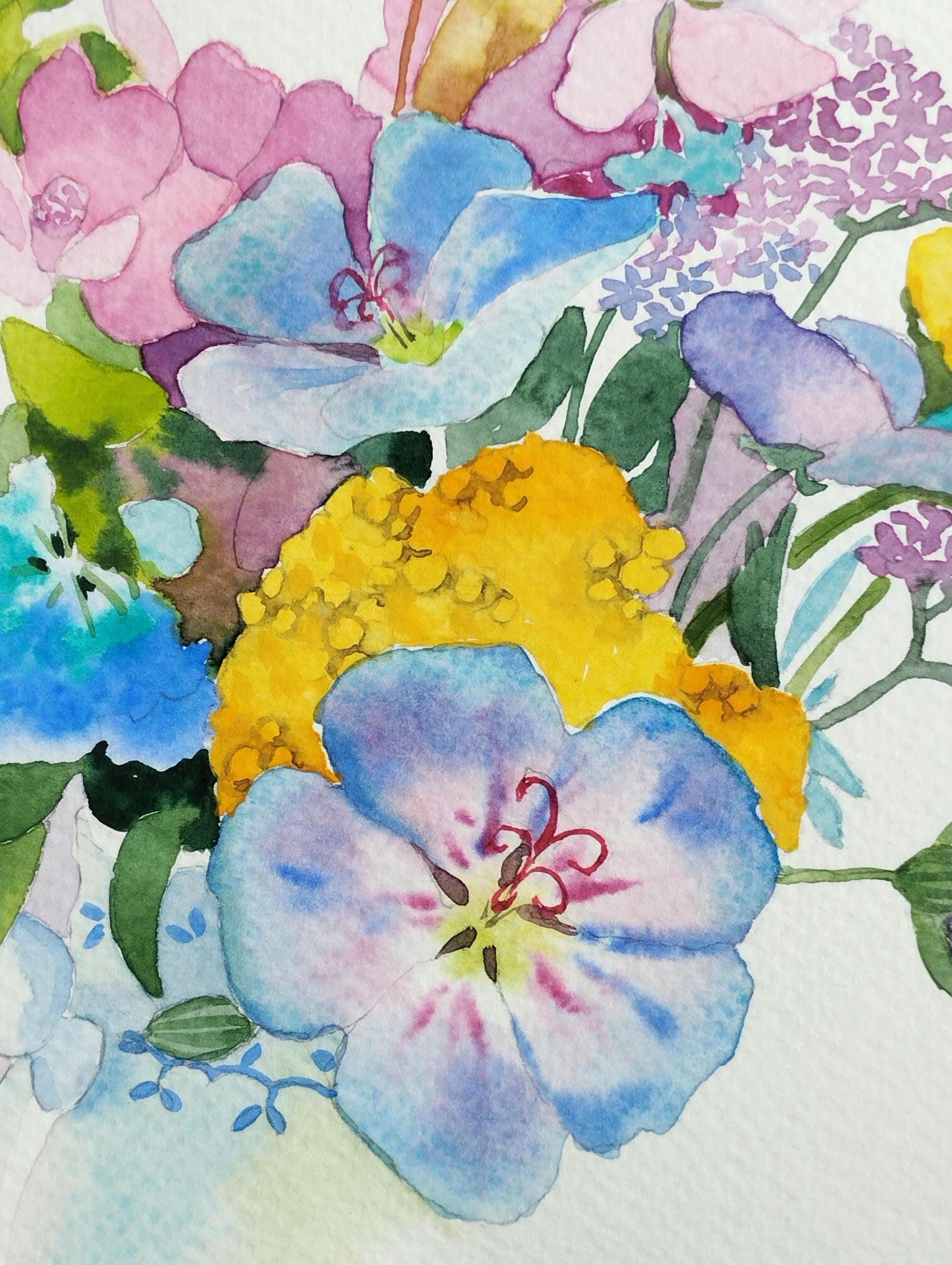 オリジナルの水彩画、花瓶に入ったカラフルな花の田舎風ブーケ、手作り