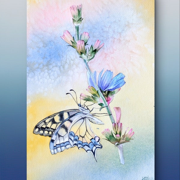 Papillon bleu de l'été sur une branche fleurie,peinture à l'aquarelle originale,nature sauvage,art mural,fait main, entomologie.