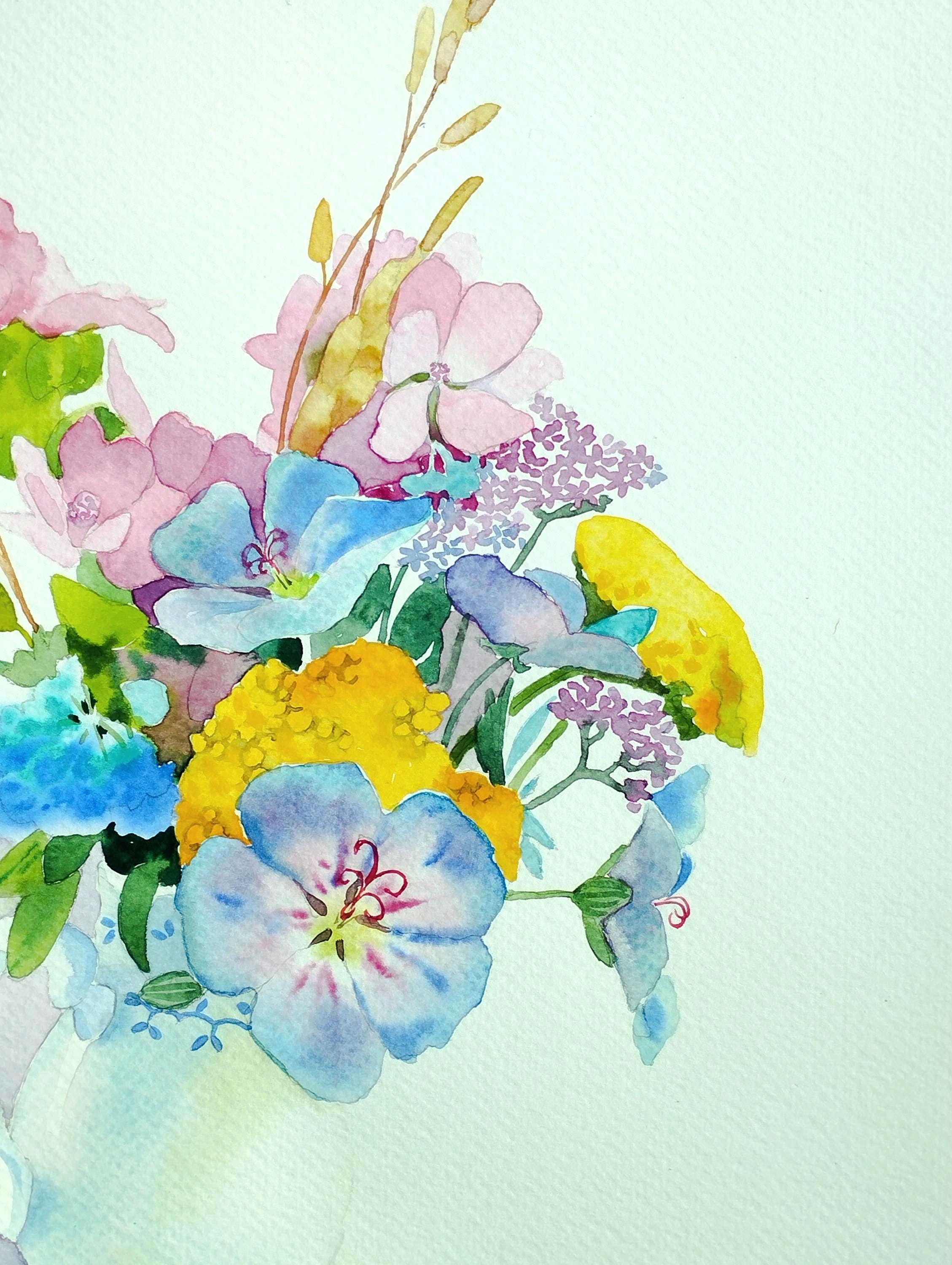 オリジナルの水彩画、花瓶に入ったカラフルな花の田舎風ブーケ、手作り