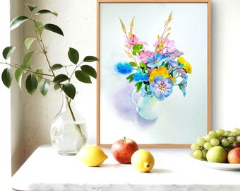 オリジナルの水彩画、花瓶に入ったカラフルな花の田舎風ブーケ、手作り