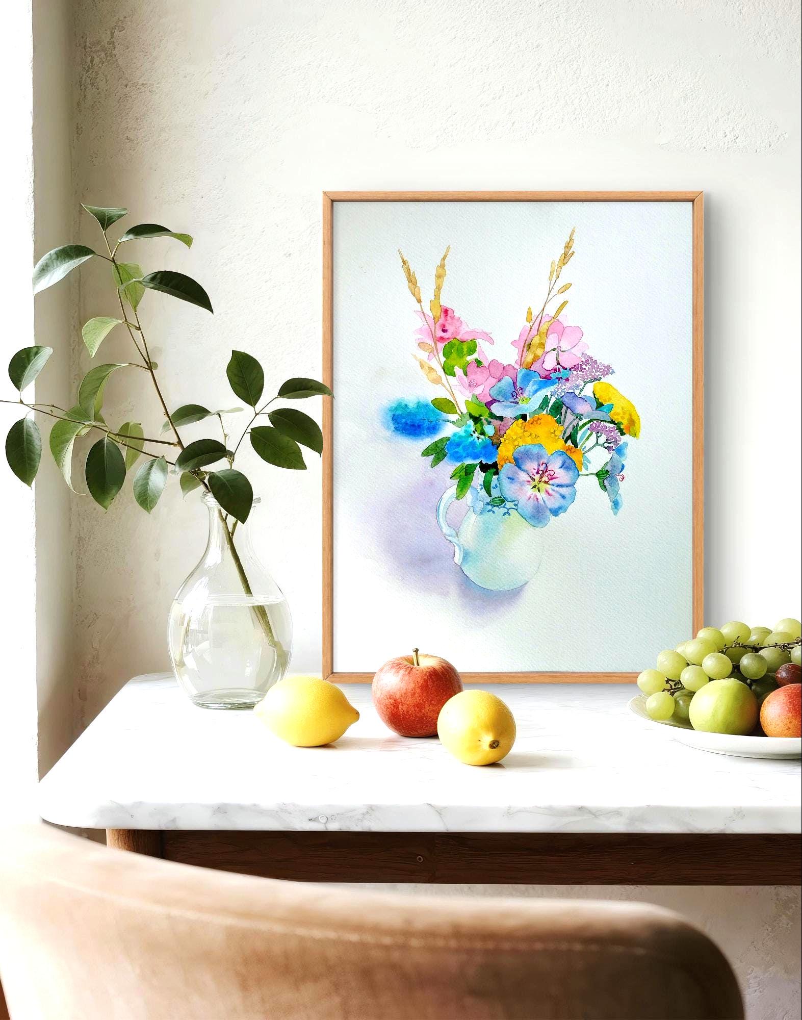 オリジナルの水彩画、花瓶に入ったカラフルな花の田舎風ブーケ、手作り