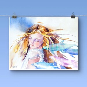 Dipinto incantato raffigurante una sirenetta e delfini, una bambina e il mare, arte da fiaba, acquerello originale, arte murale, fatto a mano.