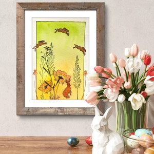 Peinture de lapin de Pâques,aquarelle enchantée de fleurs,campagne au printemps,format carte postale,pas une impression,originale fait main.