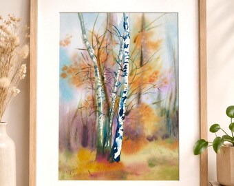 Original watercolor painting of trees in autumn, birch forest landscape painting, unique woodland scene, vintage nature wall art