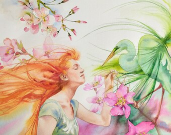 Fée rousse à l'oiseau,femme aux fleurs de pommier,impression d'art de mon aquarelle,oiseau héron,art mural de conte de fées,mystique .