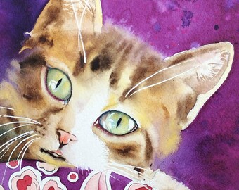 Original watercolor tabby kitten, Cat painting on a floral cushion, Cute animal wall art, Gift for cat lovers