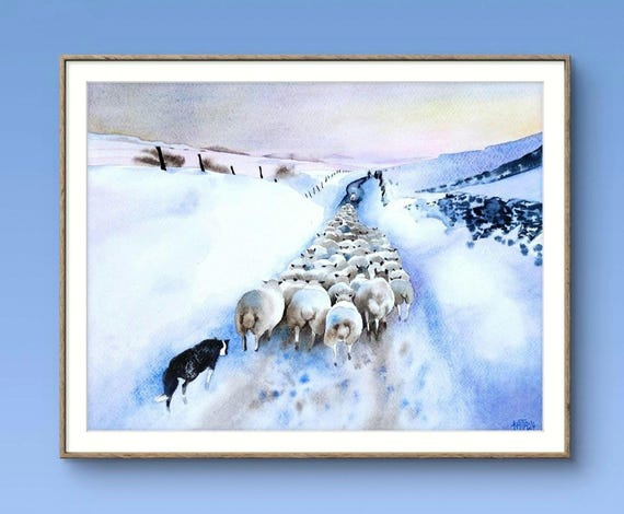 Collie and lamb in snow painting online