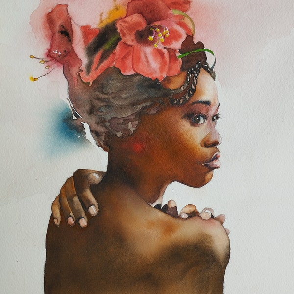 Portrait de jeune femme africaine aux fleurs, visage et dos de femme,peinture à l'aquarelle originale,art,décoration murale de femme noire.