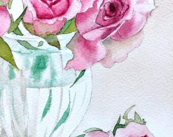 繊細なバラの花を描いたオリジナルの水彩画、花瓶に生けられたバラの