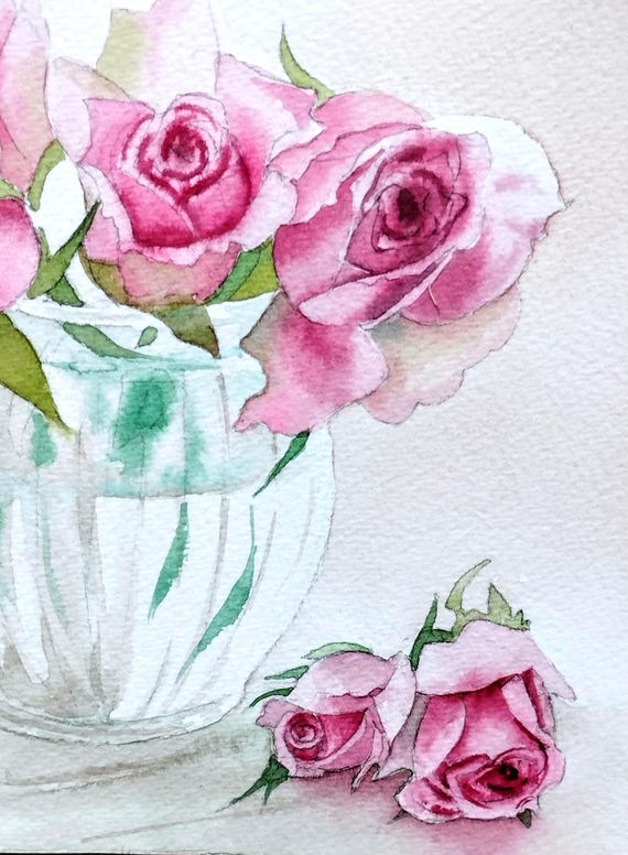 繊細なバラの花を描いたオリジナルの水彩画、花瓶に生けられたバラの