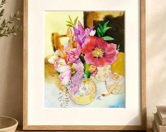 水彩画の花束、花瓶に描かれた庭の花の絵、色とりどりの花束、女性への
