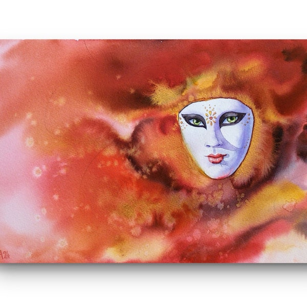 Carnaval de Venise,portrait de femme au masque vénitien rouge,fête colorée,unique peinture à l'aquarelle originale,décor mural,fait main,art