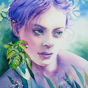 Enchanting portrait of a woman and parakeet bird, rainforest fairy, original watercolor painting, flower woman, wall art.