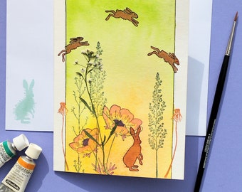 Carte postale unique,lapins,printemps,fleur naturelle séchée,carte à l'aquarelle originale peinte à la main,illustratrice française.