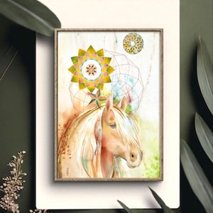 Pittura di cavalli e mandala, pittura di meditazione, cavallo solare, acquerello originale, arte della parete di animali, animale domestico, fatto a mano.