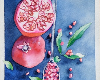 Pomegranates with a spoon, original watercolor painting, handmade, wall art for the kitchen, still life of pomegranate fruits.