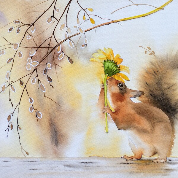 Ecureuil roux,mignon et espiègle avec sa fleur en été,peinture à l'aquarelle originale,art,décoration murale animalière, fait main,cadeau.