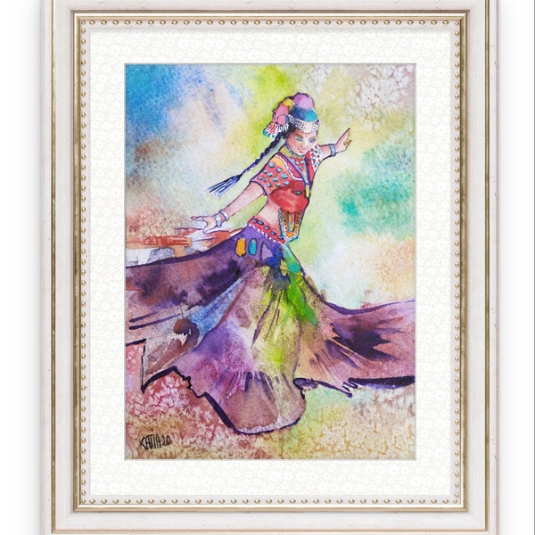 Femme indienne dansant,femme du sud de l'Inde , peinture à l'aquarelle originale,fait main,art mural indien ,danse classique indienne.