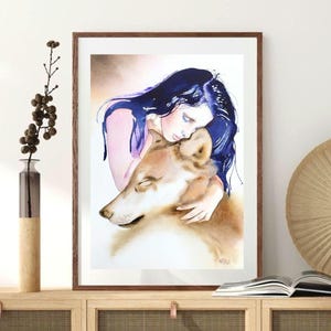 Native American woman hugging a wolf, wild love, shaman, wolf spirit totem, original watercolor painting, wall art.