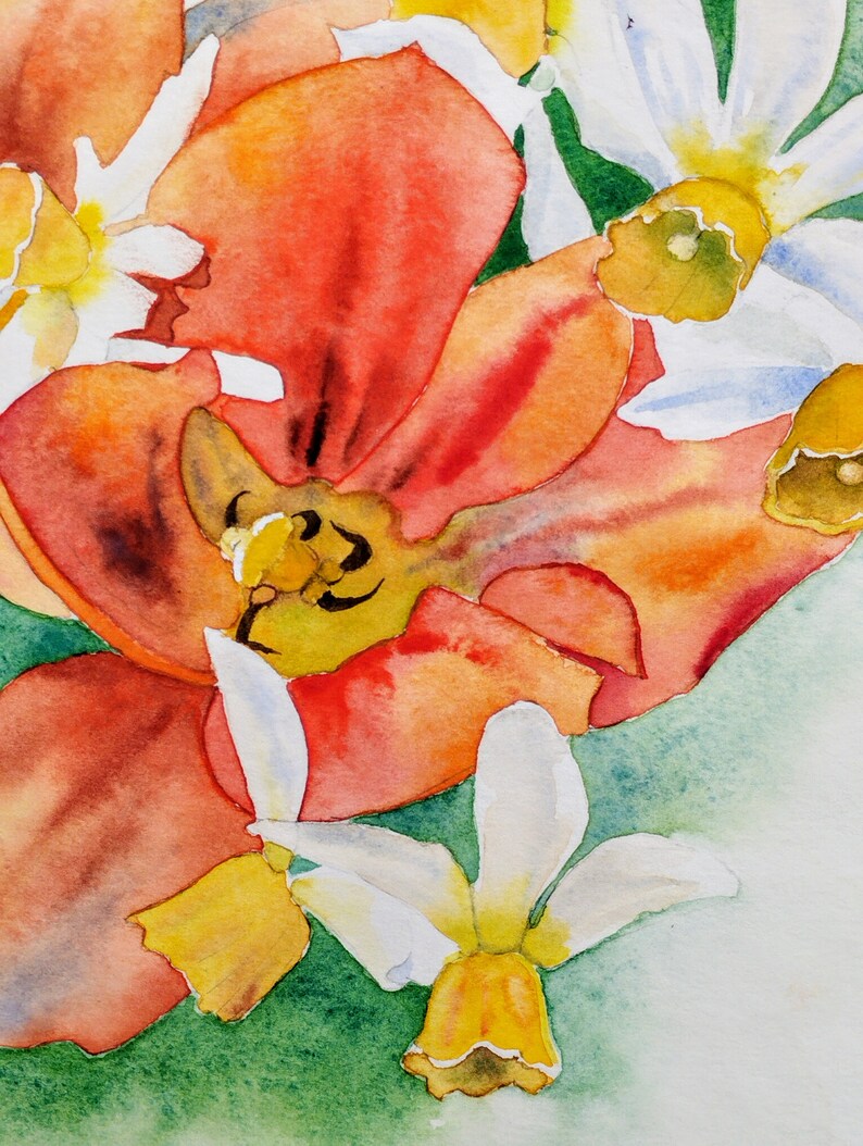 Fleurs du jardin,tulipes rouges et narcisses,peinture à l'aquarelle originale,œuvre d'art fait-main,fleurs du printemps,art mural floral. image 6
