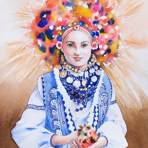Dipinto di donna ucraina con fiori, bouquet e abito ricamato, acquerello originale, arte murale raffigurante una donna del folclore ucraino, fatto a mano.