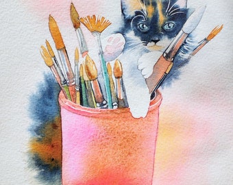 Le chaton de l'artiste,peinture à l'aquarelle originale,fait main,chat mignon dans les pinceaux,art mural animalier,cadeau fête des mères.