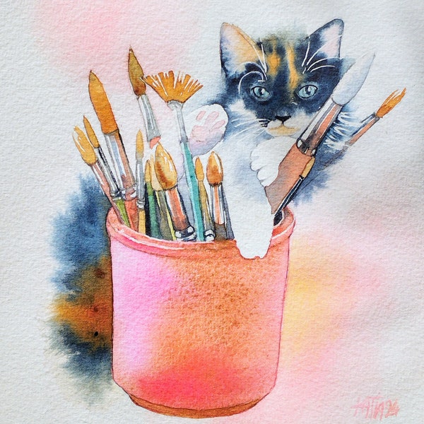 Le chaton de l'artiste,peinture à l'aquarelle originale,fait main,portrait de chat mignon dans les pinceaux,art mural,cadeau fête des mères.