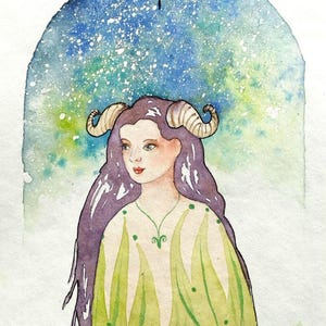 Aries zodiac, original watercolor painting of Aries zodiac sign woman, female portrait and constellation, wall art, handmade.