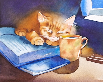 Petit chat roux endormi,peinture à l'aquarelle originale,fait main,chat tigré,livre et tasse de thé,art mural de chat roux, amour de chat .