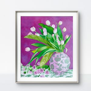 Fleurs de tulipe roses du jardin au printemps,peinture à l'aquarelle originale,bouquet de tulipes dans leur vase ancien,art mural floral.