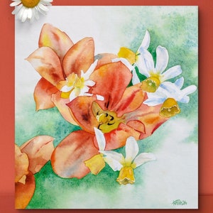 Fleurs du jardin,tulipes rouges et narcisses,peinture à l'aquarelle originale,œuvre d'art fait-main,fleurs du printemps,art mural floral. image 2