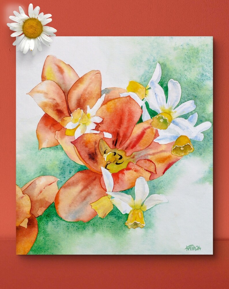 Fleurs du jardin,tulipes rouges et narcisses,peinture à l'aquarelle originale,œuvre d'art fait-main,fleurs du printemps,art mural floral. image 2