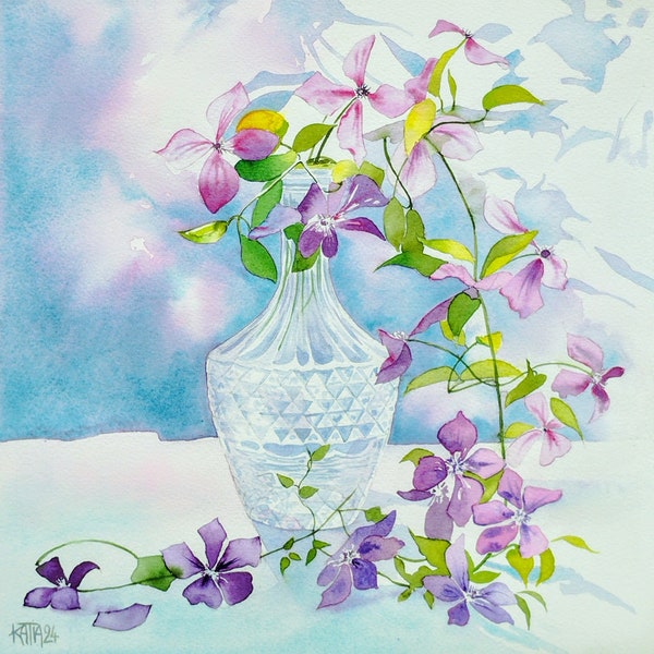 Peinture d'un bouquet de fleurs de clématites lumineuses dans un vase,aquarelle originale,fait-main,art mural floral,cadeau fête des mères.