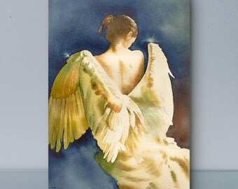 Original watercolor angel painting, handmade angel woman painting, sacred spiritual painting, golden angel wings wall art, unique gift