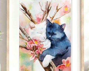 Original watercolor cats & cherry blossoms, unique painting couple of black and white cats, romantic Japanese wall art, animal decor.