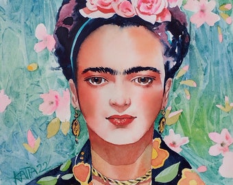 Frida kahlo,peinture à l'aquarelle originale unique,art décoration murale un portrait de Frida, cadeau, féminin sacré, fait main.