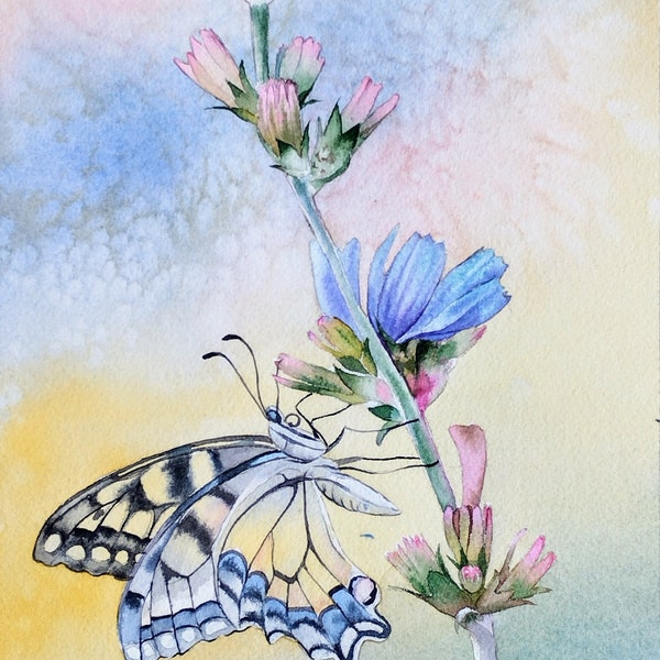 Papillon bleu de l'été,fleurs,peinture à l'aquarelle originale, fait main,art mural,entomologie,cadeau fête des mères, collection.