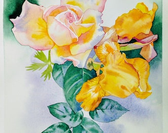 Dipinto di bouquet di rose gialle e iris, fiori da giardino, acquerello originale, fatto a mano, arte murale floreale, poster, regalo per la festa della mamma.