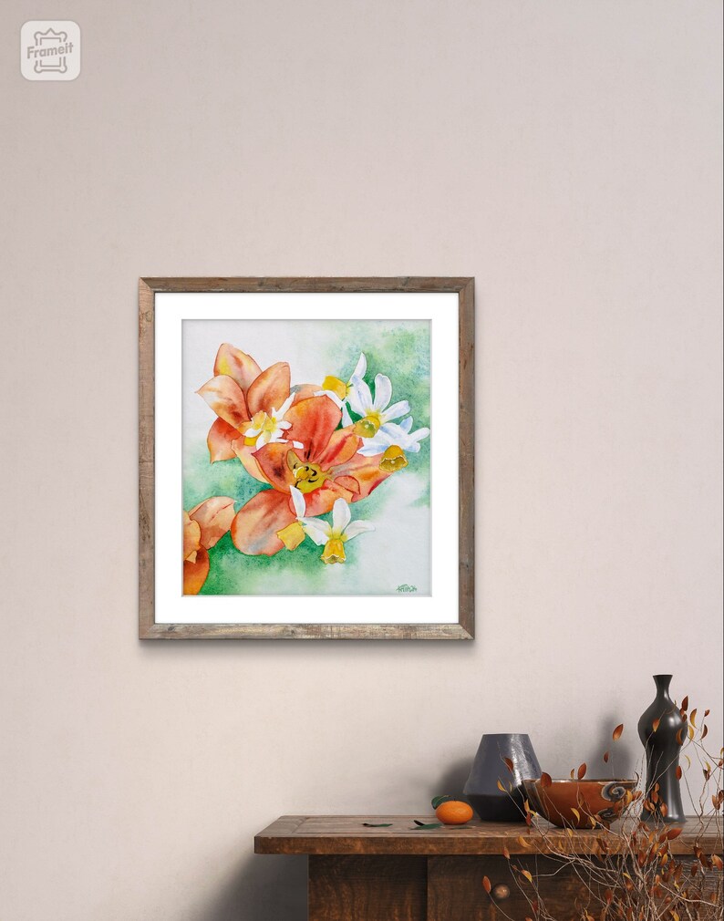 Fleurs du jardin,tulipes rouges et narcisses,peinture à l'aquarelle originale,œuvre d'art fait-main,fleurs du printemps,art mural floral. image 10