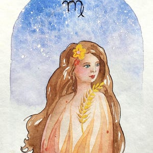 Virgo zodiac, painting of a woman of the astrological sign of Virgo, portrait and constellation, original watercolor, wall art, handmade.