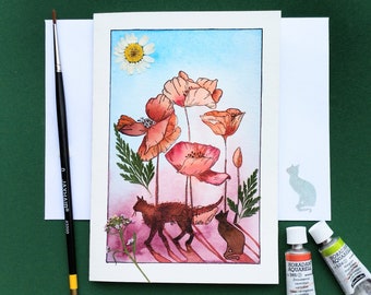 Carte postale unique,chats dans les fleurs de coquelicots,aquarelle originale peinte à la main,fleurs séchées nature,miniature de peinture.