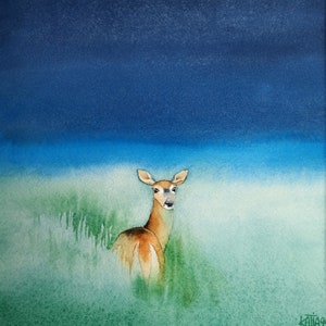 Dipinto di cervo sorpreso nella radura, stampa artistica del mio acquerello originale, arte murale, fatta a mano, fauna selvatica.