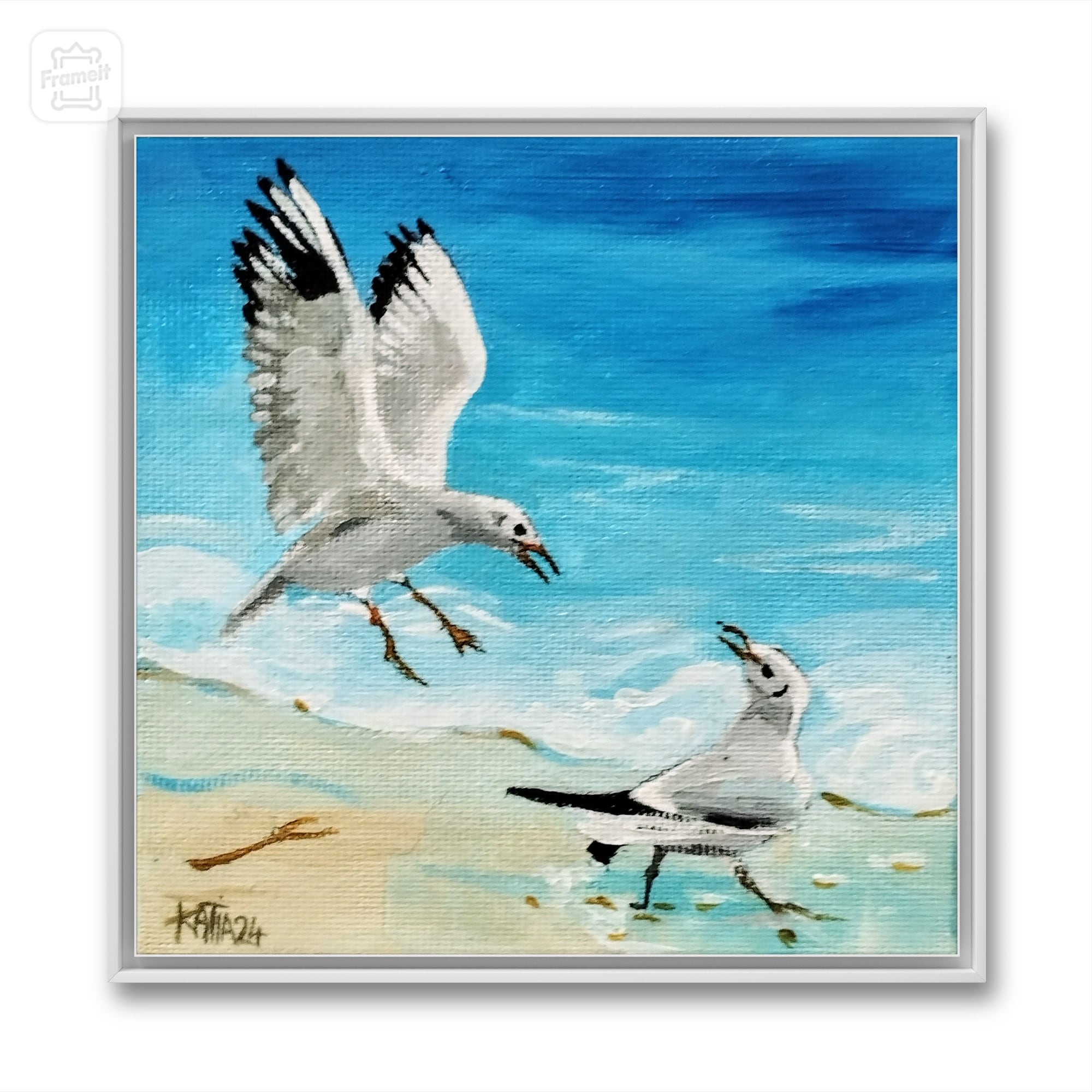 Seagulls on the Beach Facing the Ocean, Seabirds, Original Acrylic ...