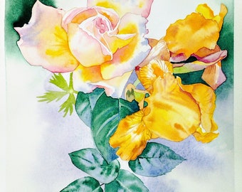Bouquet de rose jaune et iris,fleurs du jardin, peinture à l'aquarelle originale,fait main,art mural floral,affiche, cadeau fête des mères.
