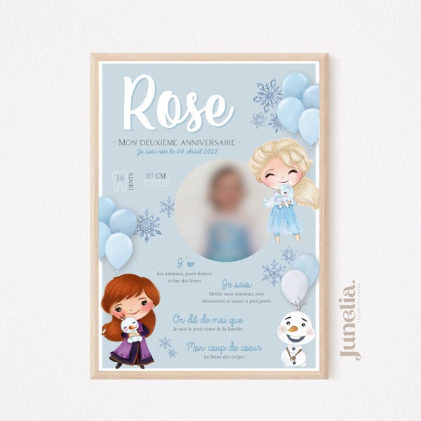 Affiche anniversaire thème "Reine des neiges" personnalisée - Imprimée ou Numérique PDF