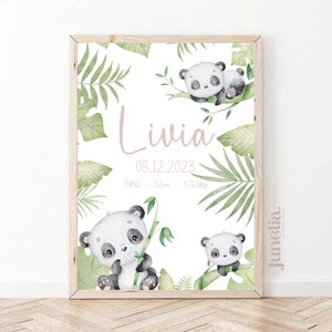 Affiche naissance personnalisée animaux "tropical, panda, tigre, koala", cadeau naissance, imprimée ou numérique