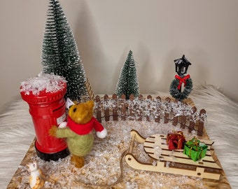 Handmade Needle Felted Bear, Christmas Decoration, Christmas Board, Felted Teddy Bear, Christmas Gift ,Needle Felting ,Felted Animal, Snow